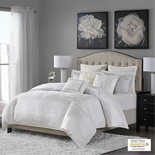 Madison Park Signature Hollywood Glam Luxurious Jacquard Oversized and Overfilled Comforter Set, Matching, Euro Shams, Decorative Pillow for Bedroom, King(110"x96"), Metallic White 9 Piece
