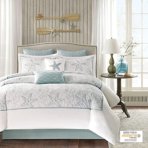 Harbor House Cotton Comforter Set - Coastal Oceanic Sealife Design, All Season Down Alternative Bedding with Matching Shams, Bedskirt, Maya Bay, Seafoam Blue King(108"x96") 4 Piece