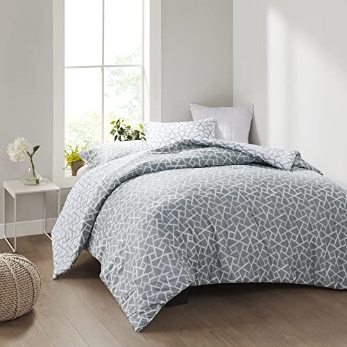 N Natori Soho Geometric Reversible Duvet Set Abstract Styling, Embossed Seersucker Design, All Season, Breathable Oversized Comforter Cover Bedding, Shams, King(110"x96") Grey/White 4 Piece