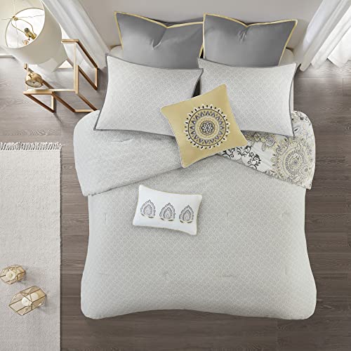 Madison Park Reversible Cotton Comforter Set, All Season Bedding, Matching Bed Skirt, Decorative Pillows, Queen(90"x90"), Isla, Floral Medallion Yellow 8 Piece