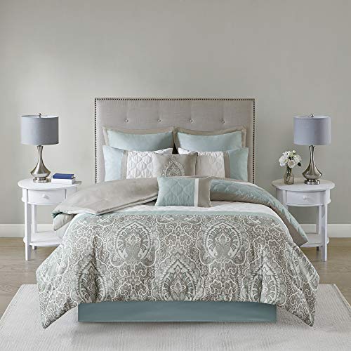 Cozy Comforter Set - Transitional Damask Design, All Season Down Alternative Bedding with Matching Shams, Decorative Pillow, Shawnee-Seafoam Cal King(104"x92") 8 Piece