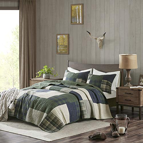 Woolrich 100% Cotton Quilt Reversible Plaid Cabin Lifestyle Design All Season, Breathable Coverlet Bedspread Bedding Set, Matching Shams, King/Cal King(110"x96"), Mill Creek Green, 3 Piece