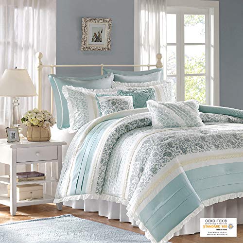 Madison Park 100% Cotton Comforter Set-Modern Cottage Design All Season Down Alternative Bedding, Matching Shams, Bedskirt, Decorative Pillows, King(104"x92"), Dawn Shabby Chic, Blue, 9 Piece