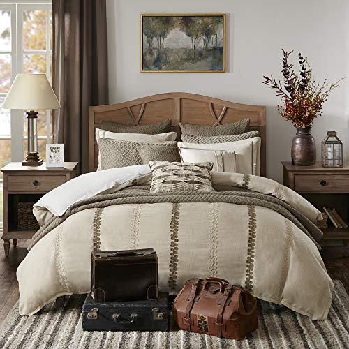 Madison Park Signature Chateau Queen Size Bed Comforter Duvet 2-In-1 Set Bed In A Bag - Taupe , Soutache Cord Embroidery – 8 Piece Bedding Sets – Faux Linen Bedroom Comforters