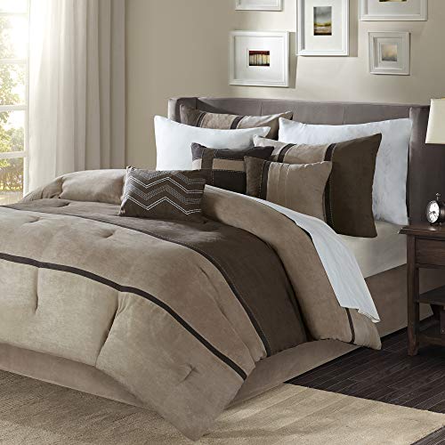 Madison Park Palisades Queen Size Bed Comforter Set Bed In A Bag - Brown, Taupe , Pieced Stripe – 7 Pieces Bedding Sets – Micro Suede Bedroom Comforters