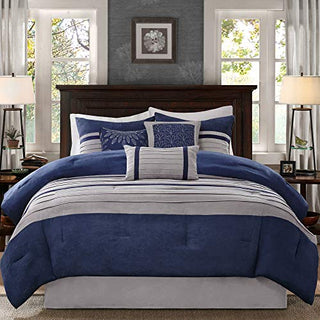 Madison Park - Palmer 7 Piece Comforter Set - Navy Blue and Gray - Queen - Pieced Microsuede - Includes 1 Comforter