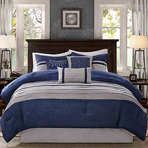 Madison Park - Palmer 7 Piece Comforter Set - Navy Blue and Gray - Queen - Pieced Microsuede - Includes 1 Comforter, 3 Decorative Pillows, 1 Bed Skirt, 2 Shams