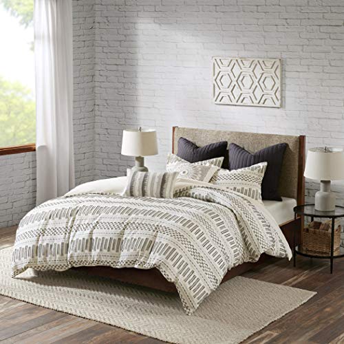 Rhea Luxurious Cotton Bedding Set - Mid Century Trendy Geometric Design, All Season Cozy Cover With Matching Shams, Ivory/Charcoal Comforter Set, Full/Queen 3 Piece