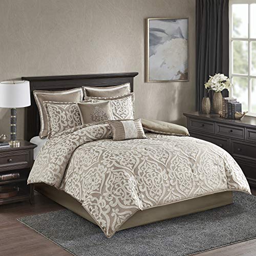 Madison Park Odette Comforter Set Jacquard Damask Medallion Design All Season Down Alternative Bedding, Matching Shams, Bedskirt, Decorative Pillows, King(104"x92"), Tan 8 Piece