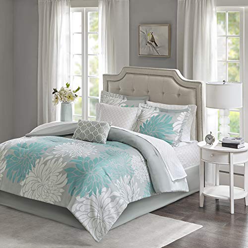 Madison Park Essentials Maible Cozy Bed in A Bag Comforter with Complete Cotton Sheet Set-Floral Medallion Damask Design All Season Cover, Decorative Pillow, Twin (68 in x 86 in), Aqua/Gray