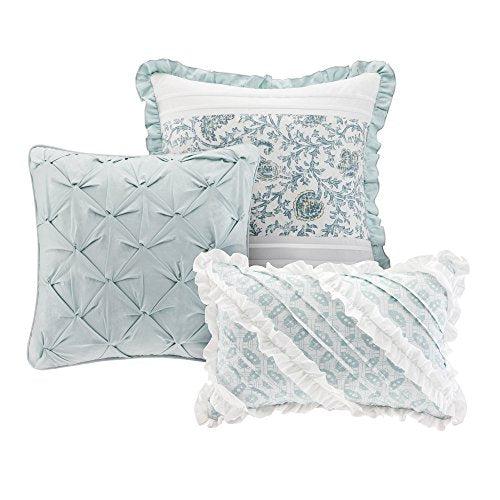 Madison Park 100% Cotton Comforter Set-Modern Cottage Design All Season Down Alternative Bedding, Matching Shams, Bedskirt, Decorative Pillows, Cal King(104"x92"), Dawn Shabby Chic, Blue, 9 Piece
