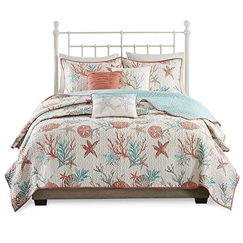Madison Park Quilt Cottage Coastal Design - All Season, Breathable Coverlet Bedspread Lightweight Bedding Set, Matching Shams, Decorative Pillow, Pebble Beach, Coral Full/Queen(90"x90") 6 Piece