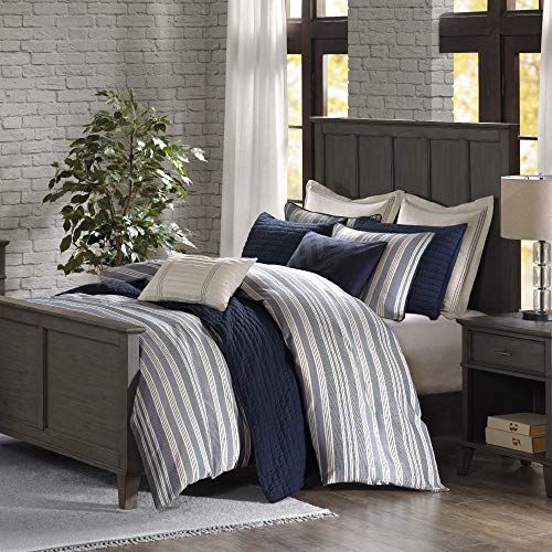 Madison Park Signature Cozy Comforter Set - Rustic Lodge Style Combo Filled Insert, Removable Duvet Cover. Matching Shams, Decorative Pillows, Farmhouse Cabin, Stripe Blue Queen(92"x96") 8 Piece