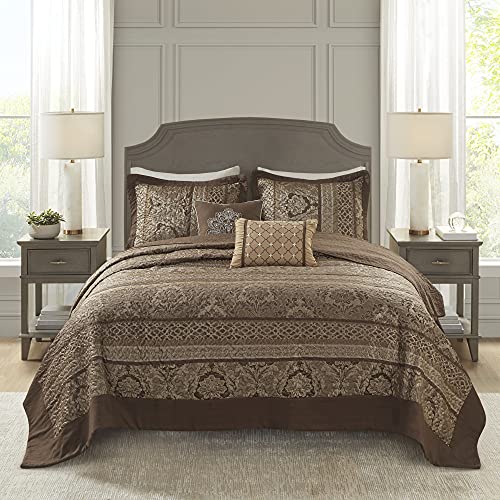 Madison Park - MP13-5318 Striped Bedspread Set, Oversize Queen, Brown/Gold
