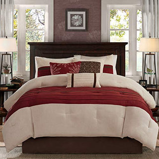 Madison Park - Palmer 7 Piece Comforter Set - Red - Queen - Pieced Microsuede - Includes 1 Comforter