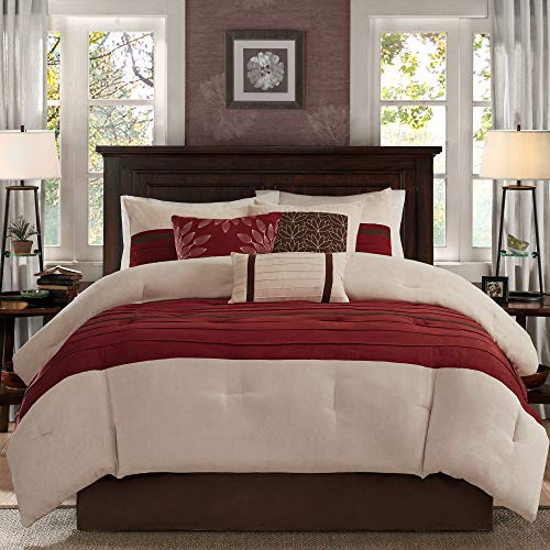 Madison Park - Palmer 7 Piece Comforter Set - Red - Queen - Pieced Microsuede - Includes 1 Comforter, 3 Decorative Pillows, 1 Bed Skirt, 2 Shams