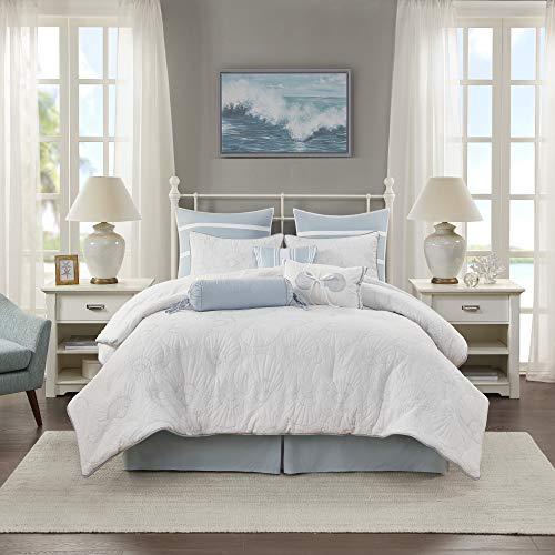 Harbor House Cotton Comforter Set-Coastal Oceanic Sealife Design All Season Down Alternative Bedding with Matching Shams, Bedskirt, King(108"x96"), Beach, Quilted Seashell White, 4 Piece,HH10-703