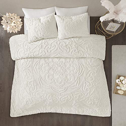Madison Park Laetitia Comforter Bohemian Tufted Cotton Chenille, Medallion Shabby Chic All Season Down Alternative Bed Set with Matching Shams, Twin/Twin XL, Floral Off White