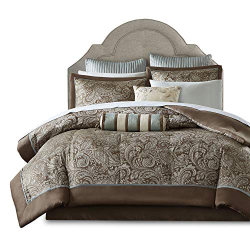 Madison Park Aubrey Queen Size Bed Comforter Set Bed In A Bag - Blue, Brown , Paisley Jacquard – 12 Pieces Bedding Sets – Ultra Soft Microfiber Bedroom Comforters
