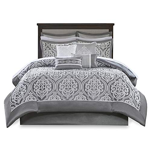 Madison Park Cozy Room in A Bag Comforter & Complete Sheet Set, Window Treatment, Luxe Jacquard Damask Print, All Season Bedding, Pillows, Cal King(104 in x 92 in), Jordan, Grey 24 Piece