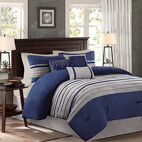Madison Park - Palmer 7 Piece Comforter Set -Navy Blue and Gray - King - Pieced Microsuede - Includes 1 Comforter, 3 Decorative Pillows, 1 Bed Skirt, 2 Shams