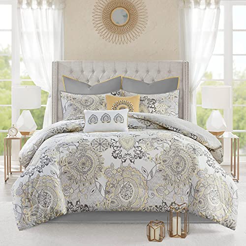 Madison Park Reversible Cotton Comforter Set, All Season Bedding, Matching Bed Skirt, Decorative Pillows, King(104"x92"), Isla, Floral Medallion Yellow 8 Piece