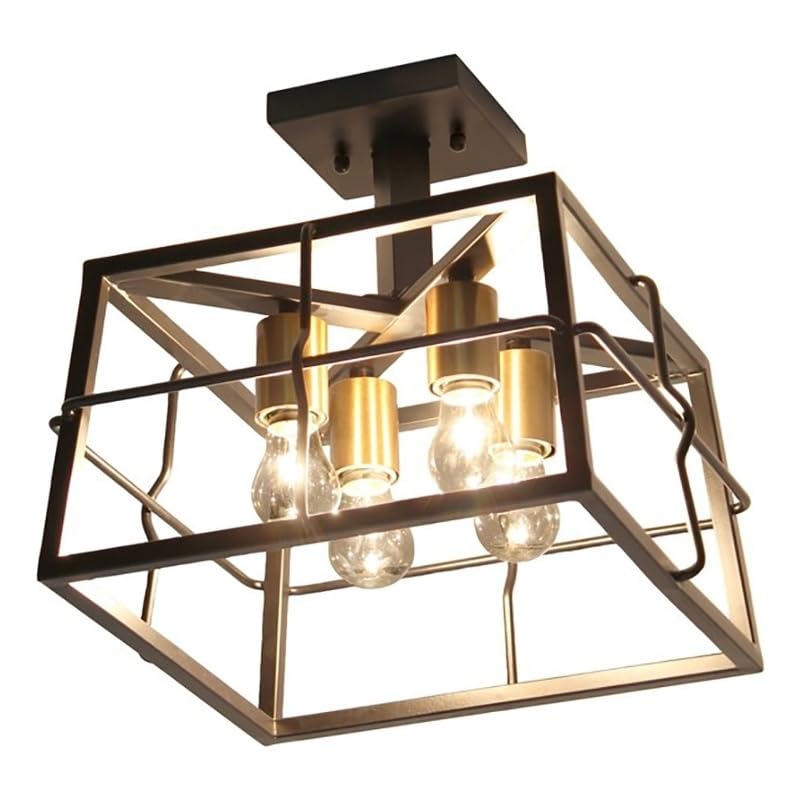 Lalia Home 12.4" Ironhouse Four Light Decorative Squared Metal Semi Flush Mount Celling Light Fixture with Exposed Lights for Farmhouse and Industrial Décor, Bedroom, Living Room, Foyer, Hallway