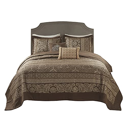 Madison Park Quilt Traditional Jacquard Luxe Design All Season, Coverlet Bedspread Lightweight Bedding Set, Shams, Decorative Pillow, Oversized King(120"x118"), Bellagio Brown/Gold 5 Piece