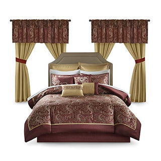 Madison Park Essentials Brystol 24 Piece Room in a Bag Faux Silk Comforter Jacquard Paisley Design Matching Curtains