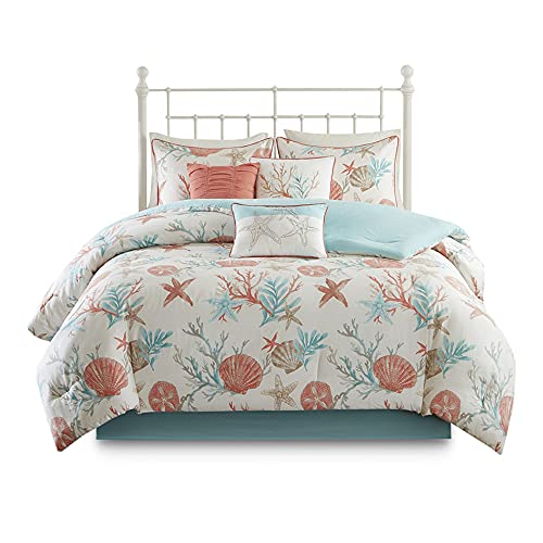 Madison Park Cotton Comforter Set - Coastal Coral, Starfish Design All Season Down Alternative Cozy Bedding with Matching Shams, Decorative Pillow, Pebble Beach Teal King(104"x92") 7 Piece