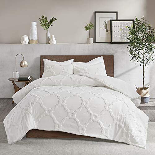 Madison Park Tufted Chenille 100% Cotton Duvet- Modern Luxe All Season Comforter Cover Bed Set with Matching Shams, Pacey, Ogee Off White Full/Queen(90"x90") 3 Piece