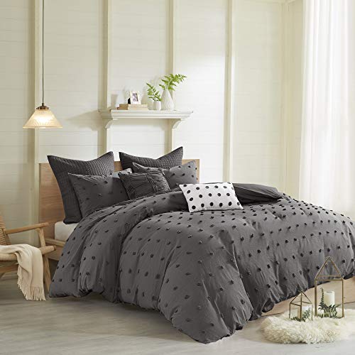 Urban Habitat Cotton Comforter Set-Tufts Pompom Design All Season Bedding, Matching Shams, Decorative Pillows, Twin/Twin XL, Brooklyn, Jacquard Charcoal