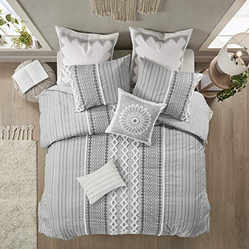 100% Cotton Duvet Mid Century Modern Design, All Season Comforter Cover Bedding Set, Matching Shams, Full/Queen(88"x92"), Imani, Gray Chenille Tufted Accent 3 Piece