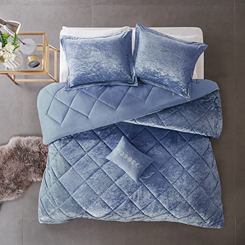 Intelligent Design Felicia Luxe Comforter Velvet Lush Double Sided Diamond Quilting Modern All Season Bedding Set with Matching Sham, Decorative Pillow Full/Queen(90"x90") Blue 4 Piece