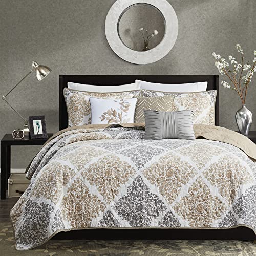 Madison Park Claire Quilt Modern Design - All Season, Breathable Coverlet Bedspread Lightweight Bedding Set, Matching Shams, Decorative Pillow, Full/Queen (90 in x 90 in), Diamond Neutral 6 Piece