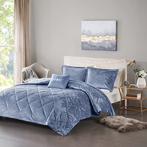 Intelligent Design Felicia Luxe Comforter Velvet Lush Double Sided Diamond Quilting Modern All Season Bedding Set with Matching Sham, Decorative Pillow King/Cal King(104"x90") Blue 4 Piece