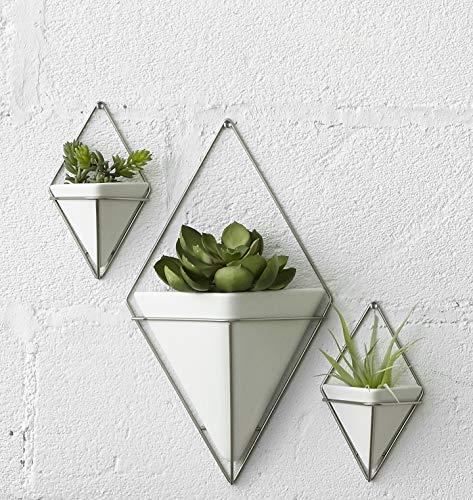 Umbra Trigg Hanging Planter Vase & Geometric Wall Decor Ceramic Container - Great For Succulent Plants, Air Plant, Mini Cactus, Faux Plants and More, Large, White/Nickel