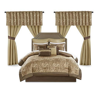 Madison Park Essentials Brystol 24 Piece Room in a Bag Faux Silk Comforter Jacquard Paisley Design Matching Curtains