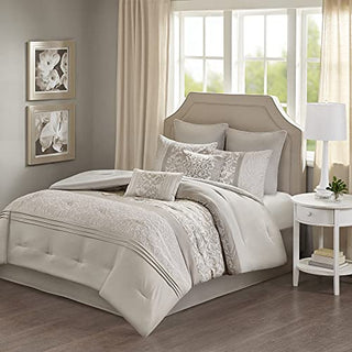 Ramsey 8 Piece Embroidered Bedding Comforter Set for Bedroom, Queen, Neutral