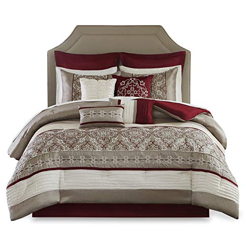 Madison Park Essentials Jelena Room in A Bag Faux Silk Comforter Classic Luxe All Season Down Alternative Bedding, Matching Bedskirt, Curtains, Decorative Pillows, Queen (90 in x 90 in), Red, 24 Piece