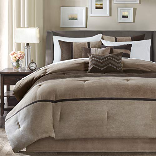 Madison Park Palisades King Size Bed Comforter Set Bed In A Bag - Brown, Taupe , Pieced Stripe – 7 Pieces Bedding Sets – Micro Suede Bedroom Comforters