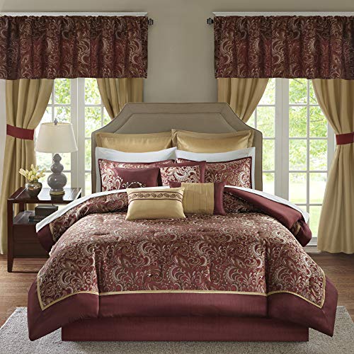 Madison Park Essentials Brystol 24 Piece Room in a Bag Faux Silk Comforter Jacquard Paisley Design Matching Curtains Down Alternative Hypoallergenic All Season Bedding-Set, King (104 in x 92 in), Red