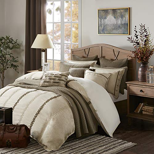 Madison Park Signature Chateau King Size Bed Comforter Set Bed In A Bag - Taupe , Soutache Cord Embroidery – 9 Pieces Bedding Sets – Faux Linen Bedroom Comforters