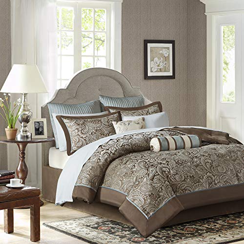 Madison Park Aubrey Cal King Size Bed Comforter Set Bed In A Bag - Blue, Brown , Paisley Jacquard – 12 Pieces Bedding Sets – Ultra Soft Microfiber Bedroom Comforters