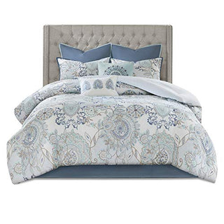 Madison Park Reversible Cotton Comforter Season Set, Matching Bed Skirt, Decorative Pillows, King(104"x92"), Isla