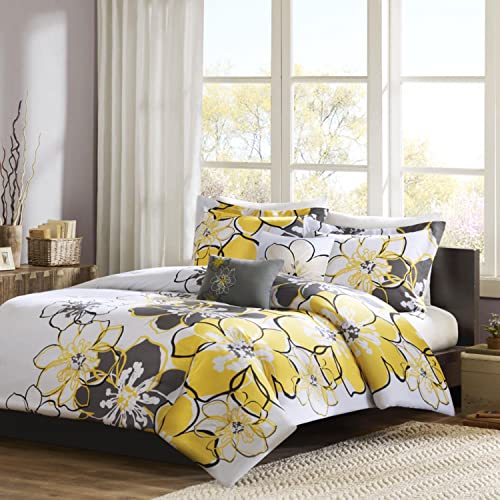 MI ZONE Allison Comforter Set Fun Bedroom Décor - Modern All Season Floral Vibrant Color Cozy Bedding Layer, Matching Sham, Decorative Pillow, King/Cal King Yellow/Grey 3 Piece