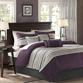 Madison Park - Palmer 7 Piece Comforter Set - Plum - King - Pieced Microsuede - Includes 1 Comforter