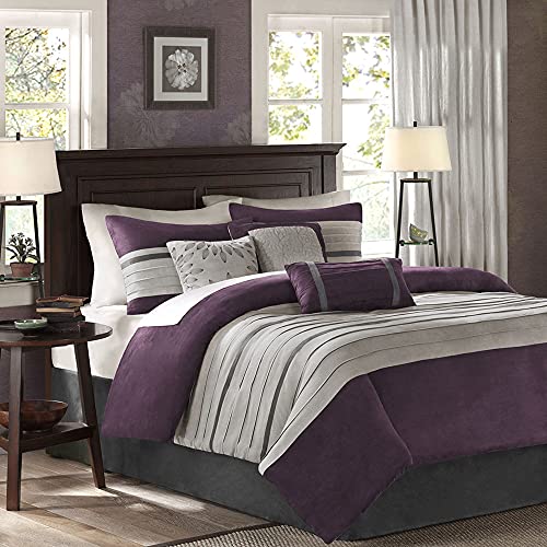 Madison Park - Palmer 7 Piece Comforter Set - Plum - King - Pieced Microsuede - Includes 1 Comforter, 3 Decorative Pillows, 1 Bed Skirt, 2 Shams