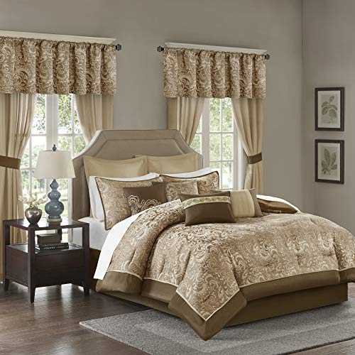 Madison Park Essentials Brystol 24 Piece Room in a Bag Faux Silk Comforter Jacquard Paisley Design Matching Curtains - Down Alternative Hypoallergenic All Season Bedding-Set, Brown Queen(90"x90")
