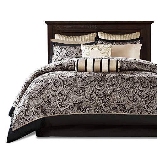 Madison Park Aubrey King Size Bed Comforter Set Bed In A Bag - Black, Champagne , Paisley Jacquard – 12 Pieces Bedding Sets – Ultra Soft Microfiber Bedroom Comforters